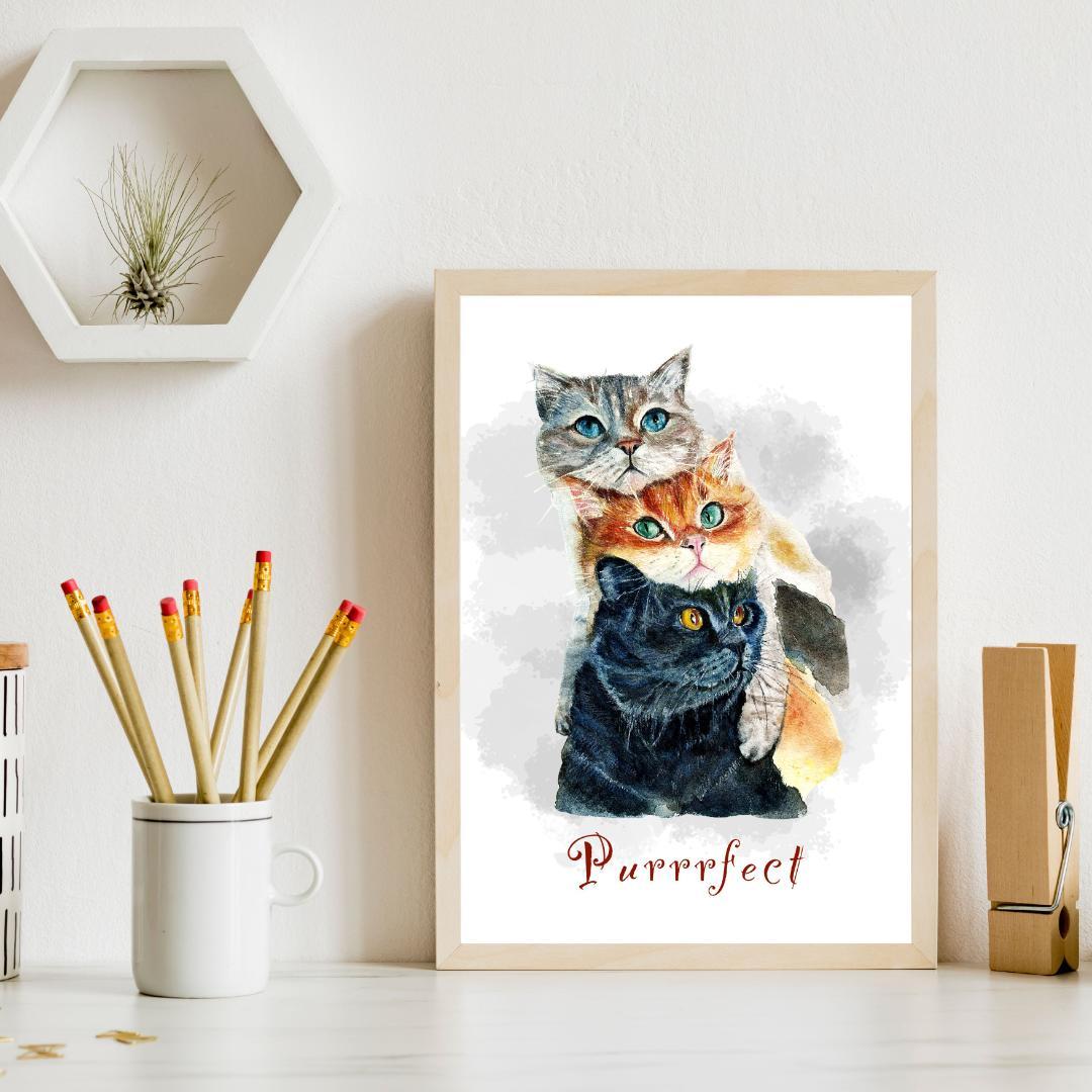 CA54】ネコ三段タワー 猫イラスト 可愛いねこ アートポスター 水彩猫