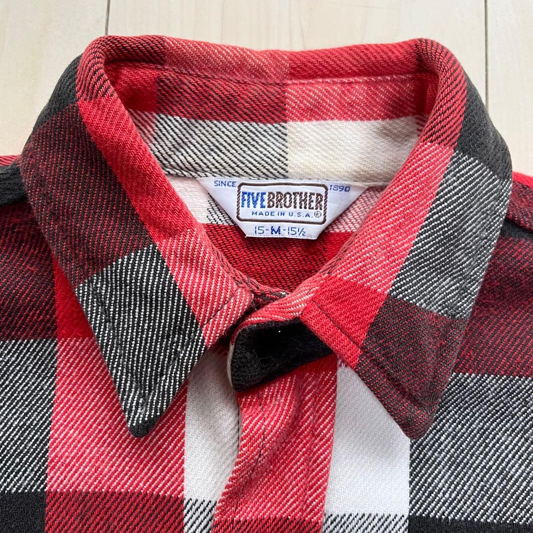 80s USA製 ファイブブラザー ブロックチェック ネルシャツ 赤黒白 M