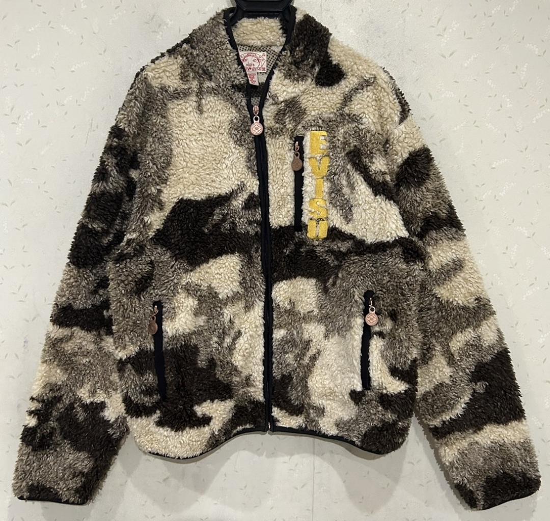 エヴィス EVISU 迷彩 カモ柄 ロゴ刺繍 ボア フリースジャケット 42