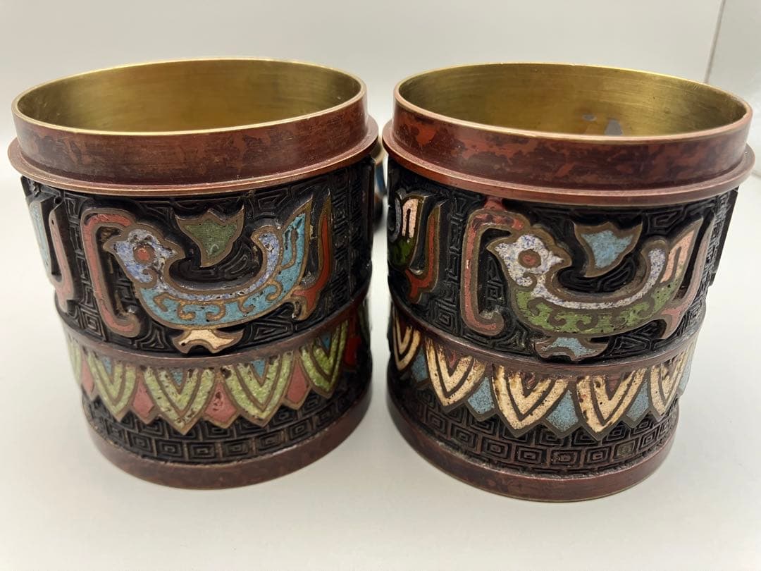 お茶入れ 二つ 清曇製 銅 七宝 時代