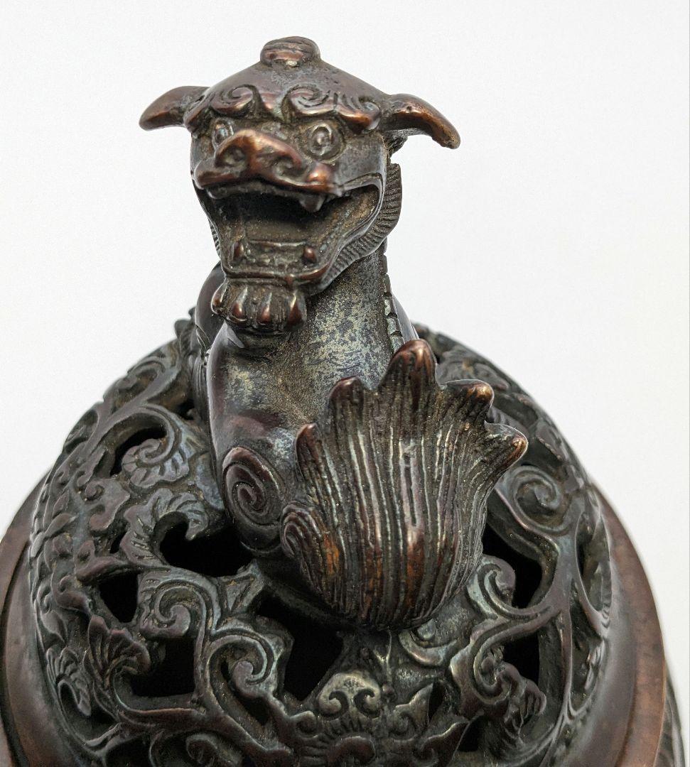 唐銅 三足獅子頭香炉 獅子摘み香炉 中国美術 乾隆年製 鋳銅 銅器 工芸