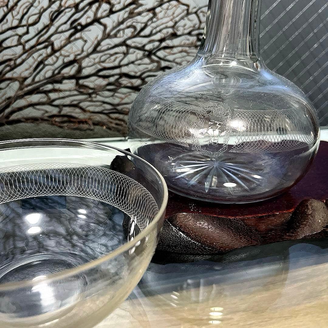 骨董 時代ガラス グラヴィール技法 薄張りガラス 碗型 ボウル ウラン