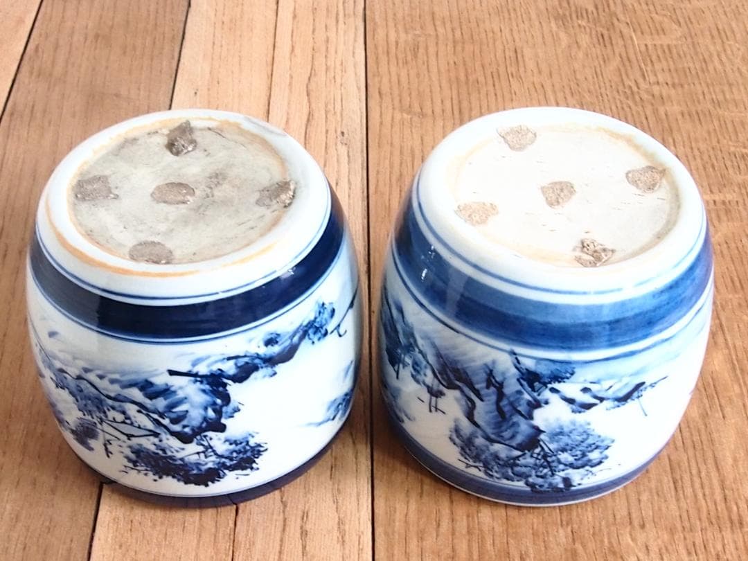 骨董・美品】染付山水手焙 一対/2個 絵変わり 火鉢/金魚鉢/メダカ鉢