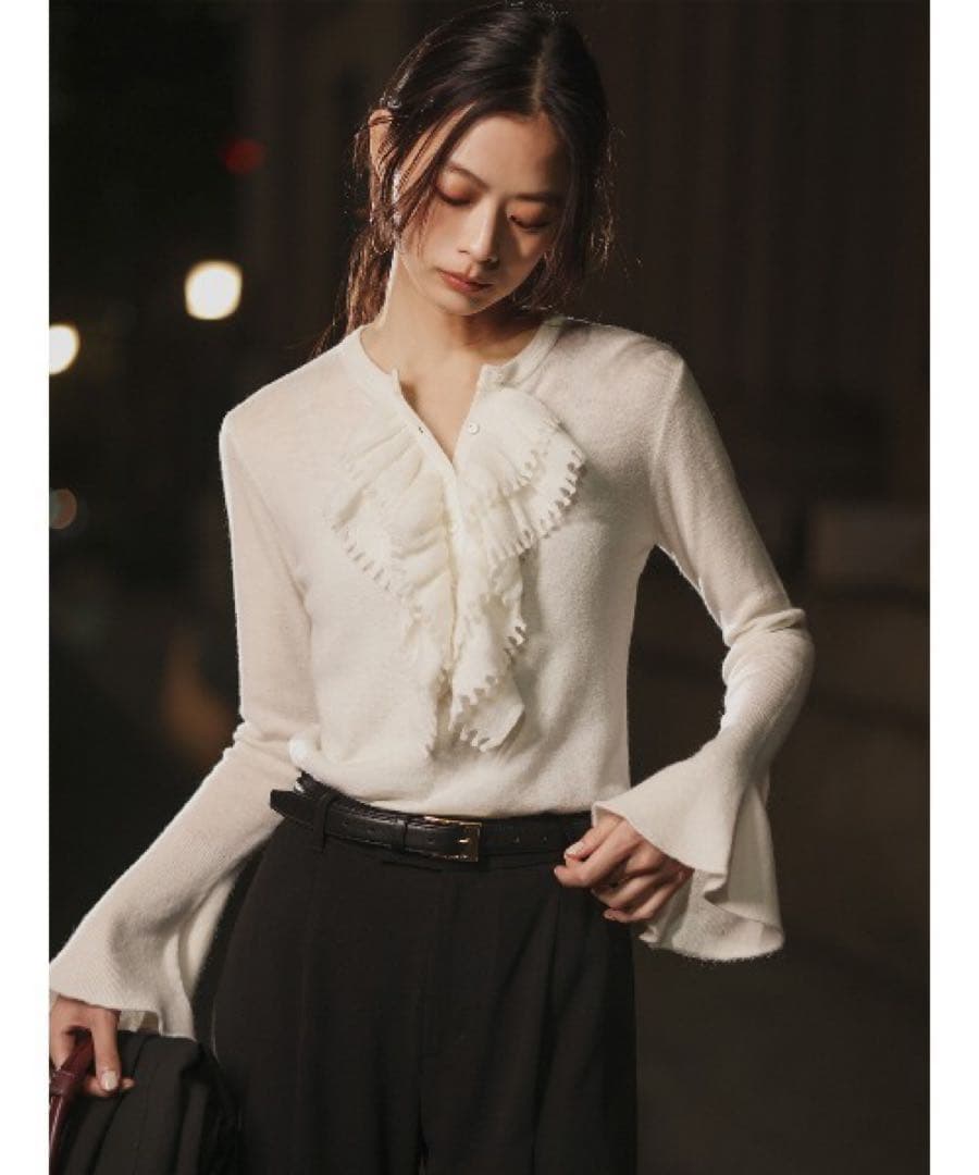 anuans カスケードフリルニットトップス アイボリー カスケードフリルニットトップス