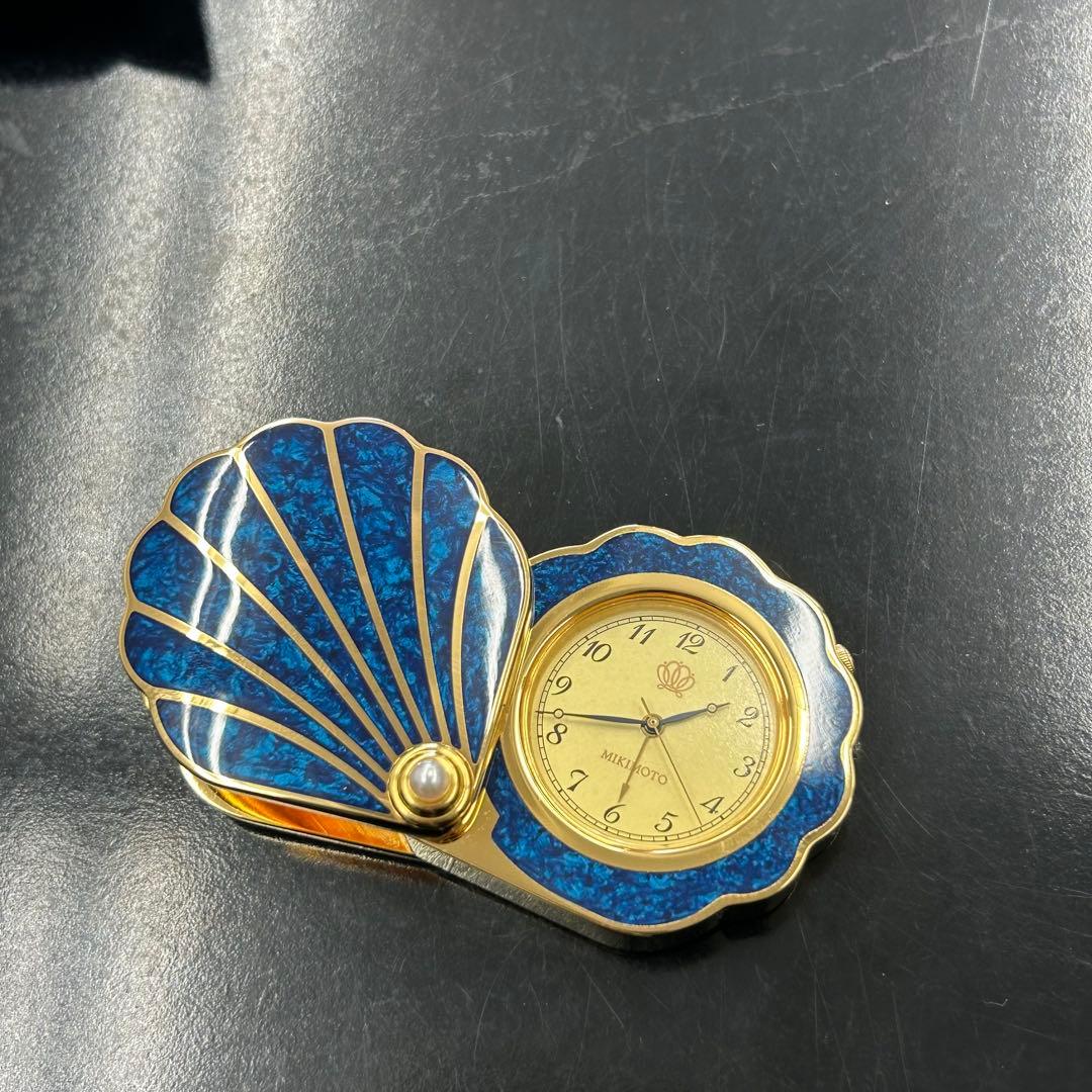 美品】 MIKIMOTO ミキモト 手持ち時計 ブルー ゴールド 真珠付 貝型