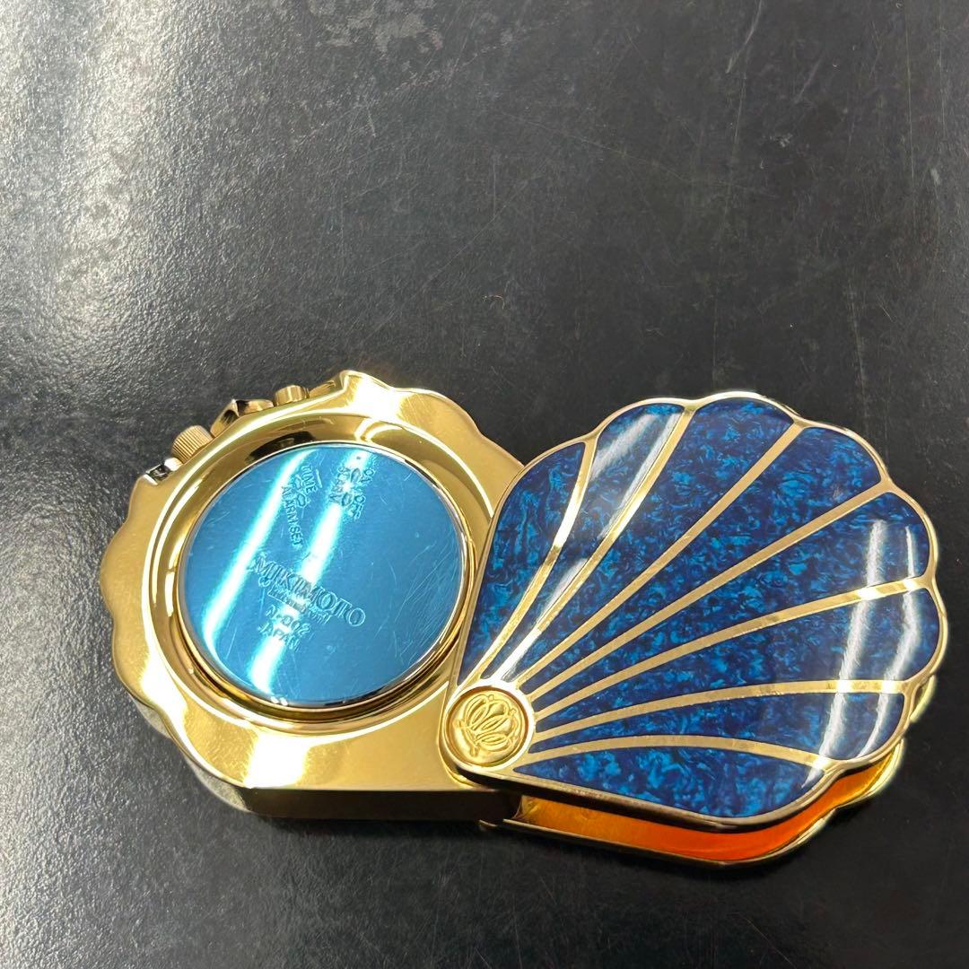 美品】 MIKIMOTO ミキモト 手持ち時計 ブルー ゴールド 真珠付 貝型