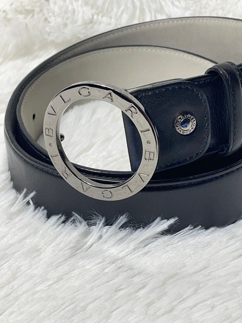 BVLGARI ブルガリ 本革　レザーベルト サークルロゴ ブラック98cm BVLGARI ブルガリ ベルト サークル リングロゴ ブラック シルバー