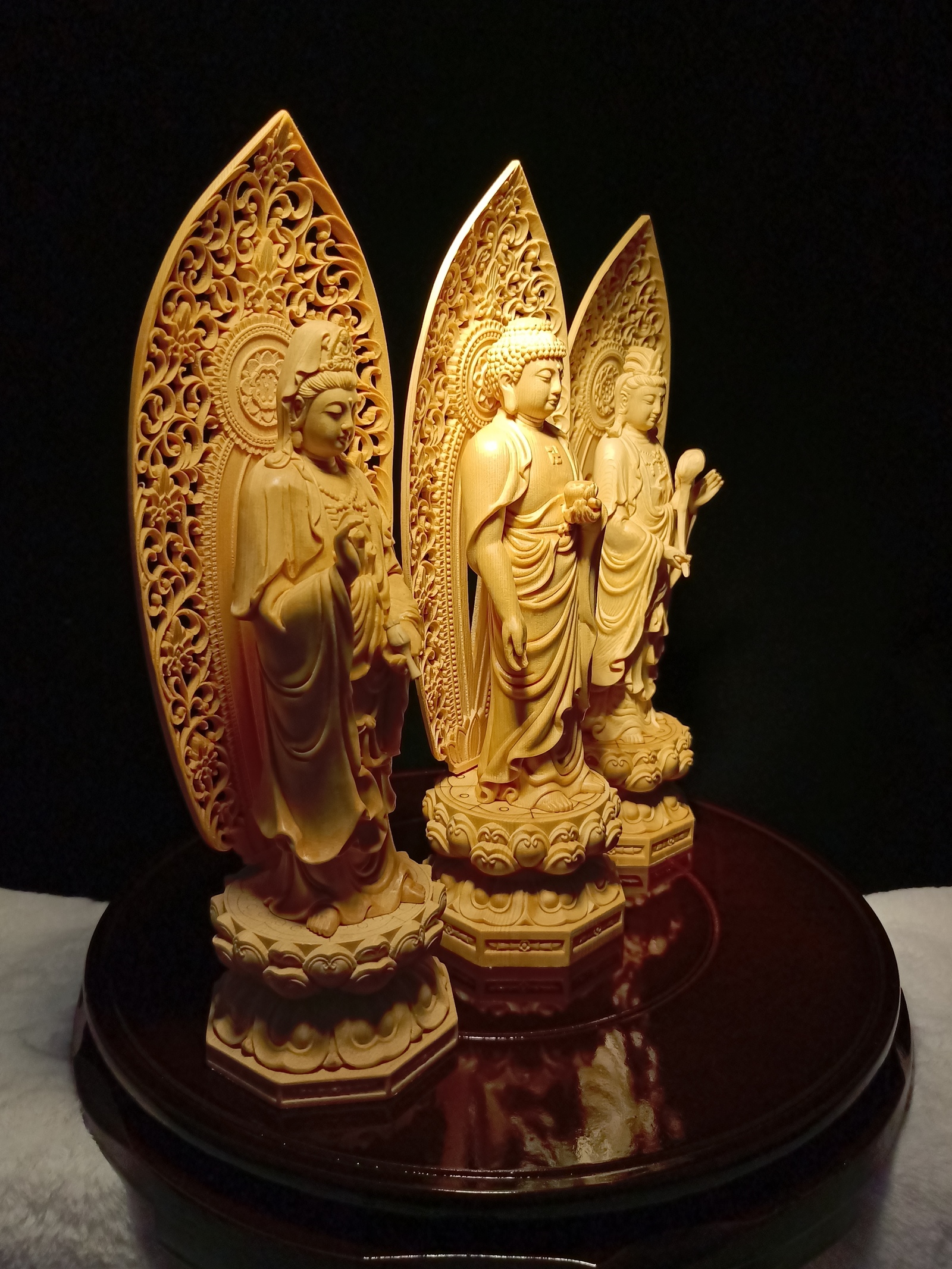 仏像 木彫 西方三聖 観世音菩薩·釈迦牟尼仏·観音菩薩 財前彫刻 観音像