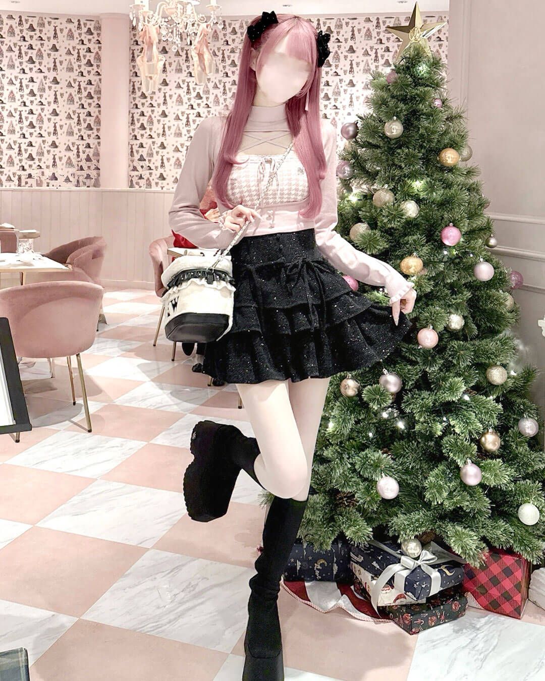 千鳥柄ハイネックアンサンブルトップス ブラック | ファッション通販