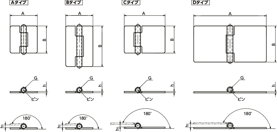 HNSHS-80-40-N｜シートメタルヒンジ（平蝶番） - ステンレス製 - 穴