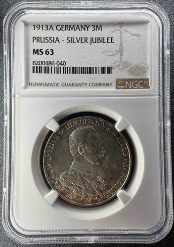 1913年 ドイツ帝国 プロイセン王国 3マルク銀貨 ウィルヘルム2世即位25