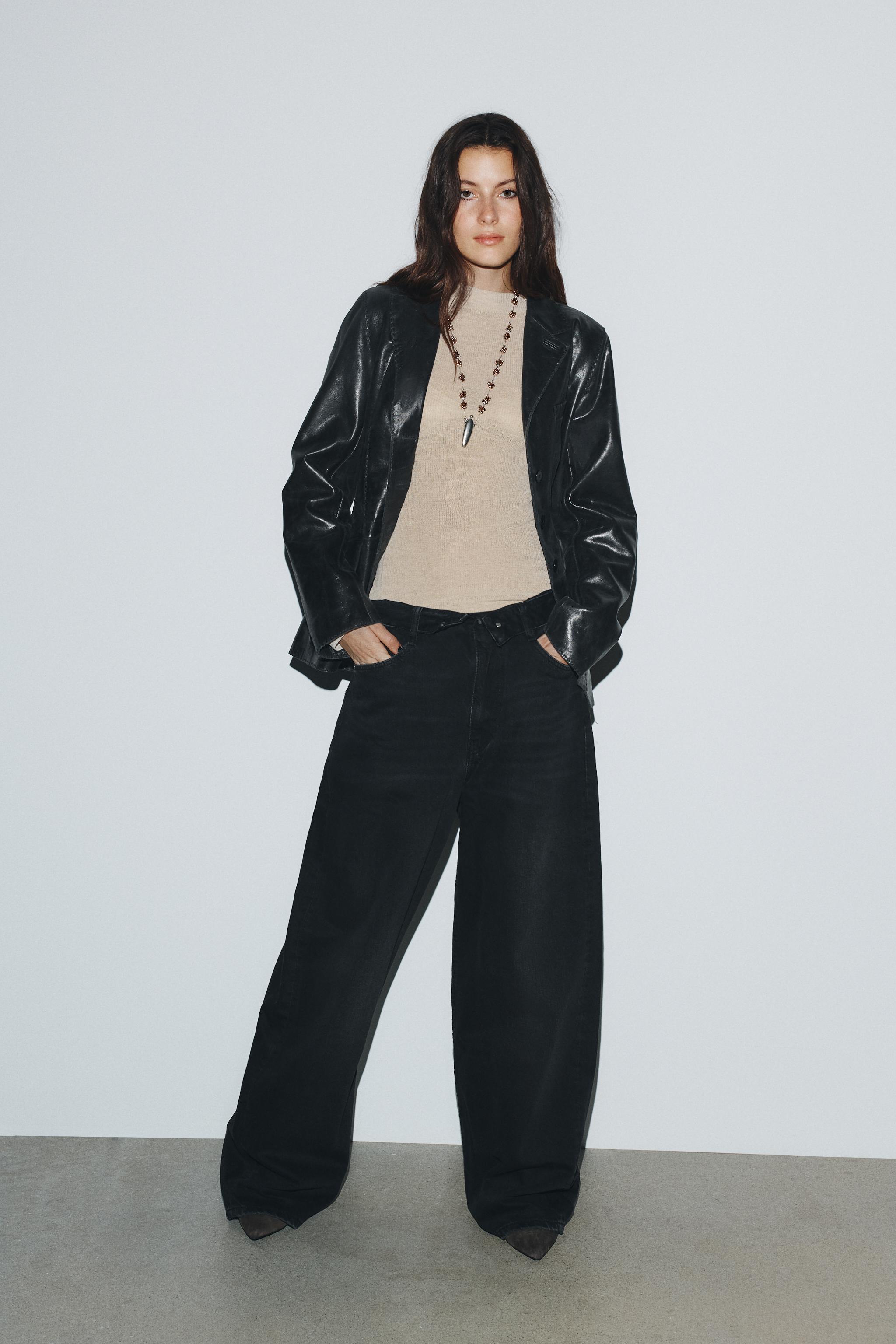 TRF ミッドライズ 折り返しウエスト デニムパンツ - ブラック | ZARA