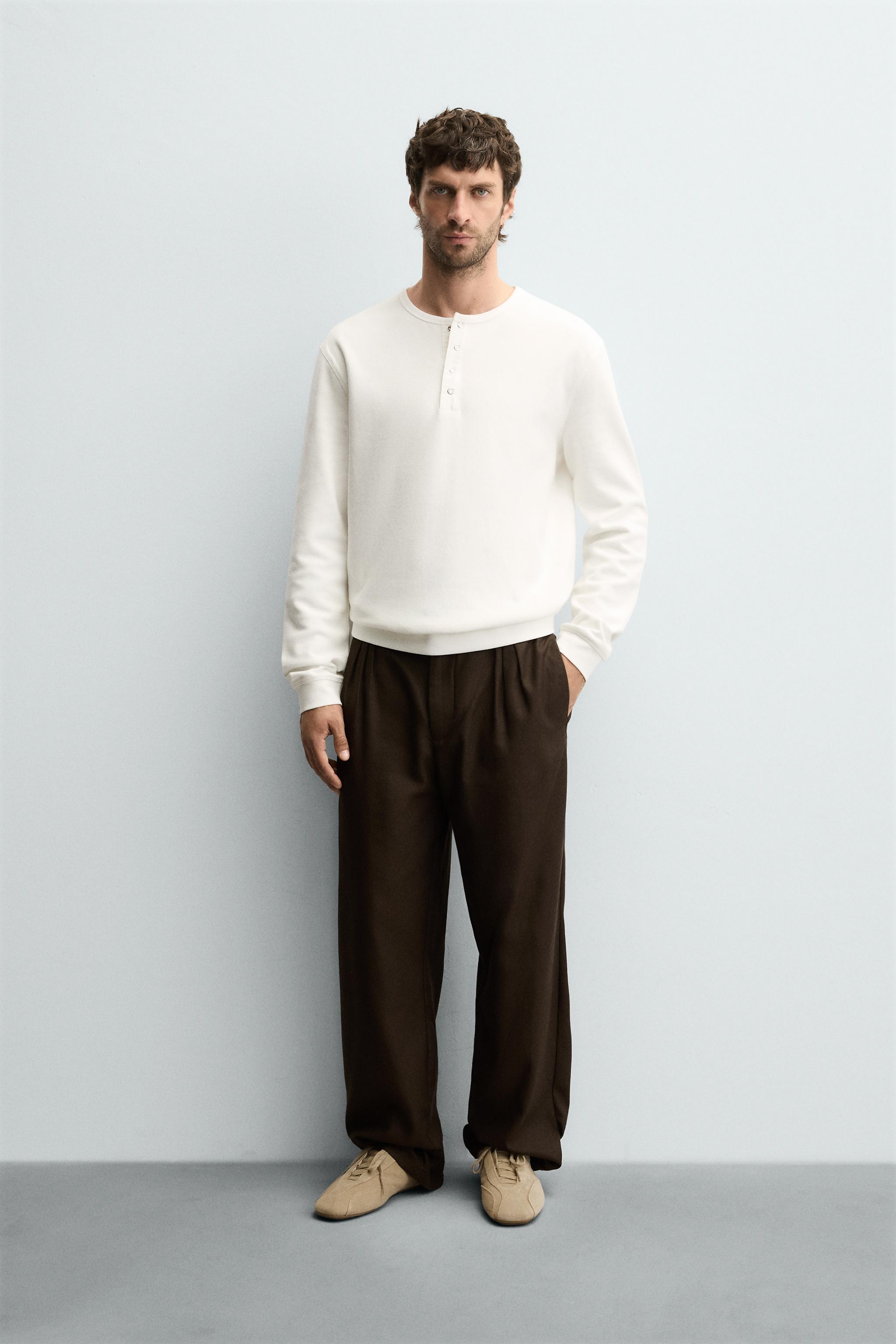 RIB KNIT HENLEY COLLAR T-SHIRT - Oyster-white | ZARA Canada