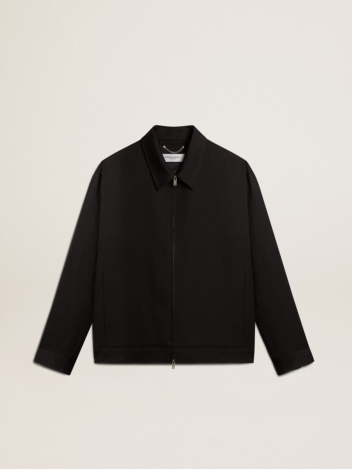 Men's zip-up jacket in black wool gabardine