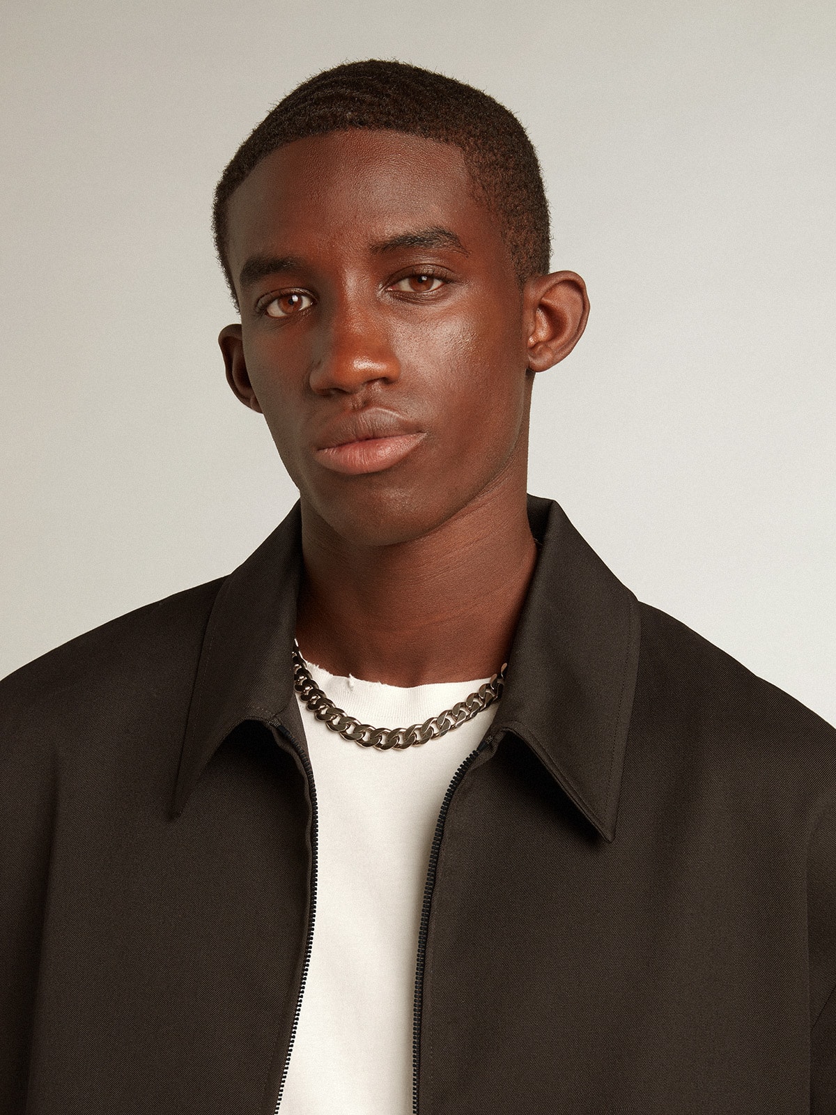 Men's zip-up jacket in black wool gabardine