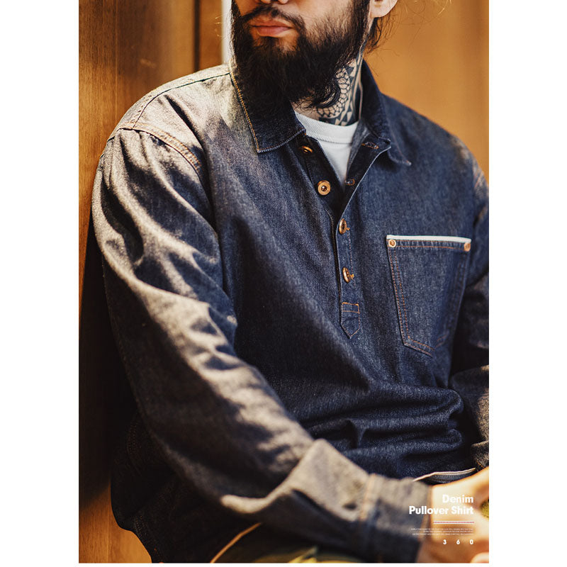 赤耳ウェビング ハーフボタンデニムプルオーバーシャツ – streofit