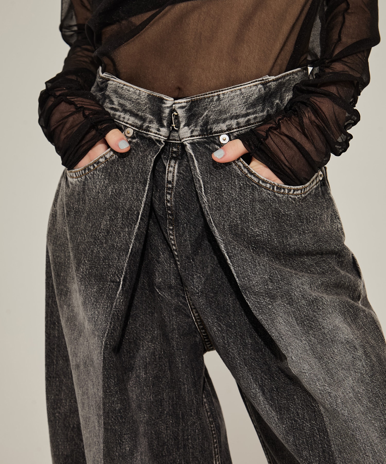 WASHED DENIM WIDE PANTS (SHORT LENGTH)(XS BLACK): JOHN LAWRENCE