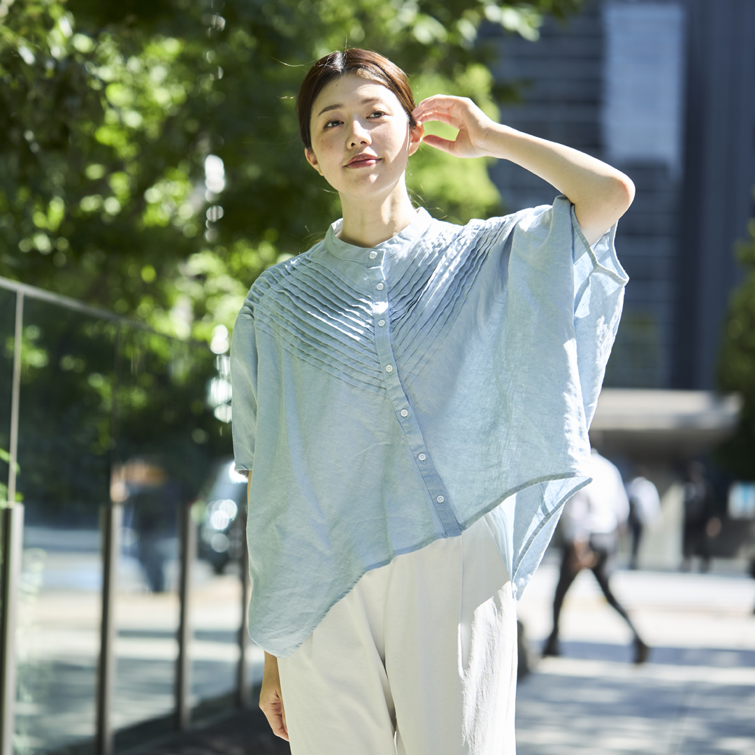 ubasoku/バンドカラーバイアスピンタックブラウス -吸水性・吸湿性に