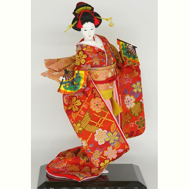 尾山人形 金襴 末広の舞 二舞扇 10号 ガラスケース入り – スガ人形店