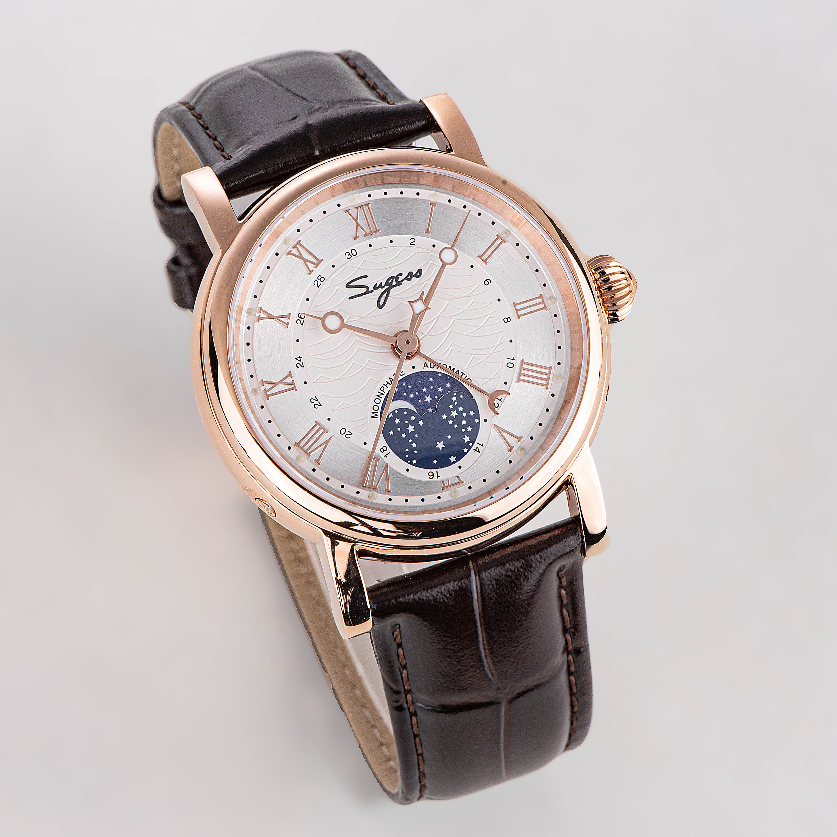 Sugess Luminous Moonphase Seagull ST2108 Movement Watch SU2108GZ