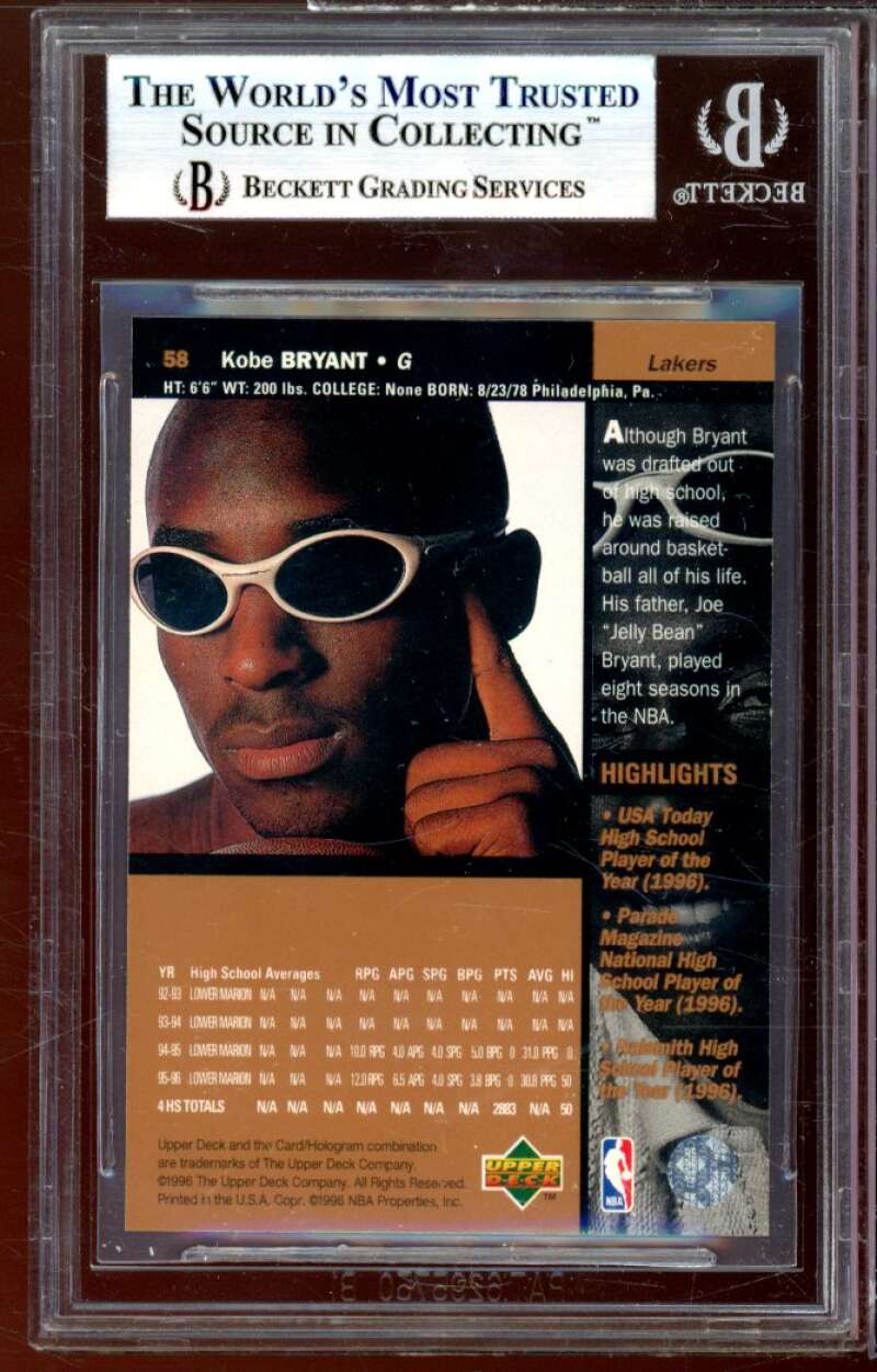 Kobe Bryant Rookie Card 1996-97 Upper Deck #58 BGS 9 (9.5 8.5 9