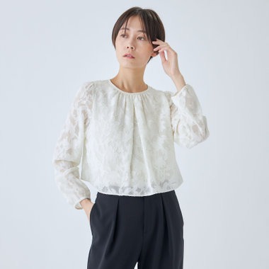 SL/長袖】カットジャカードレイヤードプルオーバーブラウス/ホワイト