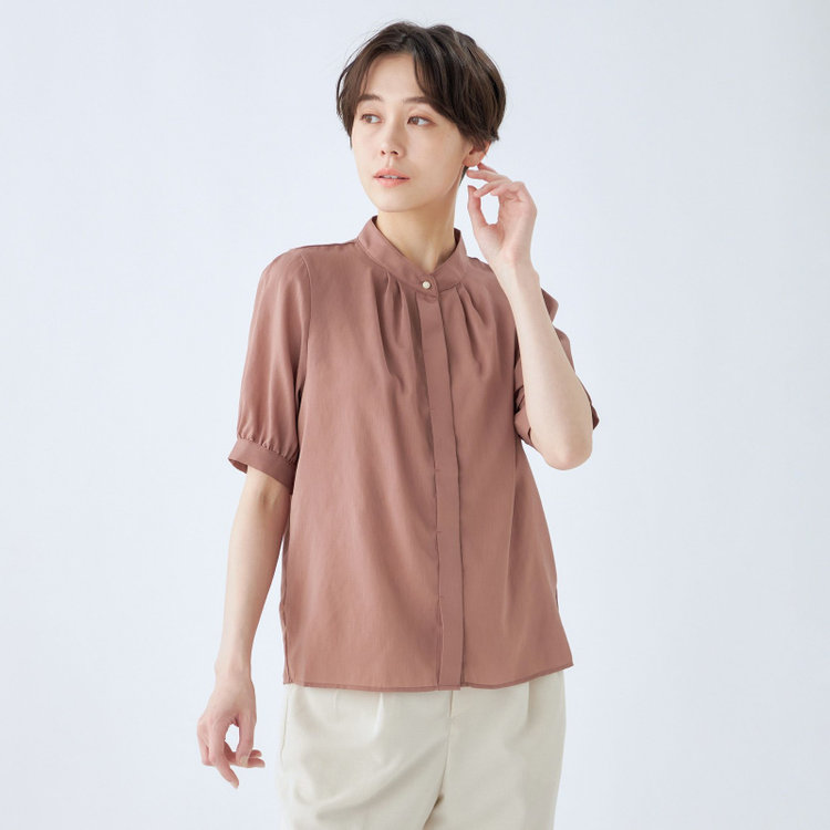 SL/半袖】バンドカラーブラウス/ブラウン/ストレッチ/通気性/吸水・速