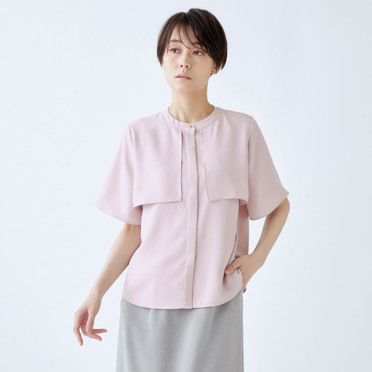 SILVER LINE/5分袖】バンドカラー比翼仕様ブラウス/ピンク（724305SS